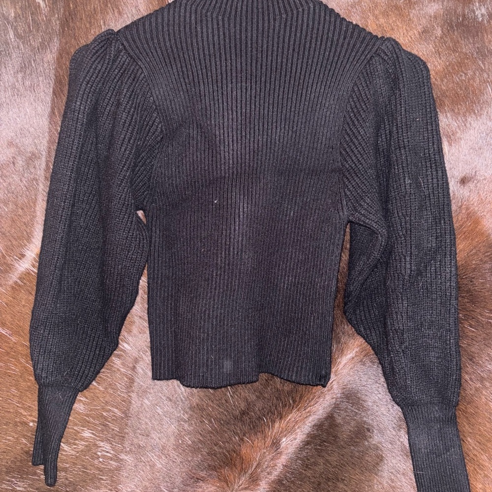 Black Ribbed Sweater with Puff Sleeves